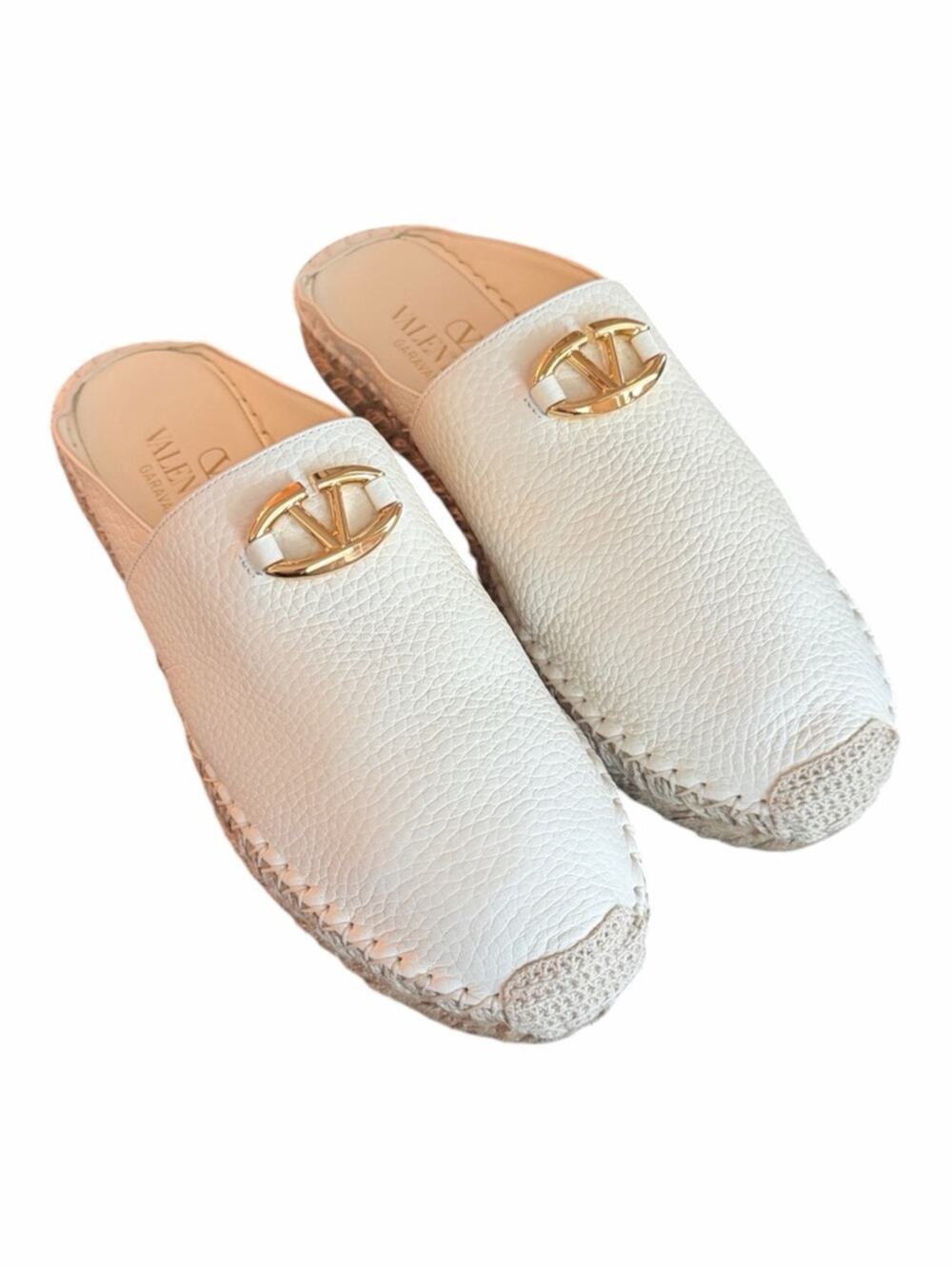 Valentino Garavani V Logo Leather Mule Espadrilles Ivory W/Gold Logo EU 38
